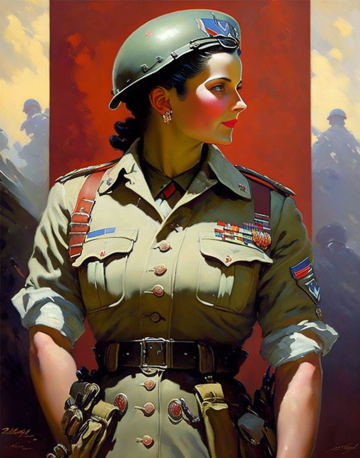 Portrait of woman in military uniform with medals and helmet among soldiers