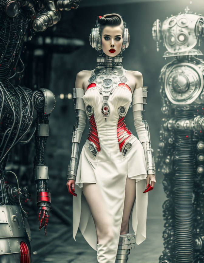 Futuristic woman with cyborg enhancements and machinery in white and red outfit