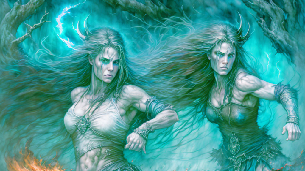 Fantasy warriors with flowing hair and electric blue energy in mystical forest