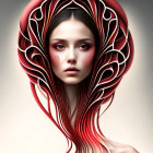 Elaborate red and white headdress on woman in digital portrait