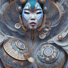 Fantasy artwork of woman with metallic peacock-feather headdress