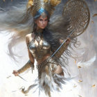 Fantasy artwork of a woman with halo, staff, and shield