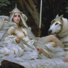 Regal woman in white dress with crown beside white wolf in mystical forest