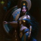 Ornate gold and blue attire woman with elaborate jewelry on dark, moody background