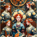 Detailed Illustration of Red-Haired Figures in Ornate Blue Armor