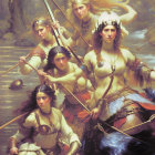 Mythological female figures in ethereal attire with spears and shields in mystical forest.