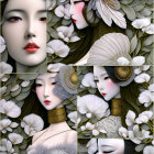 Four stylized women portraits with floral and feather adornments on a backdrop of white flowers.