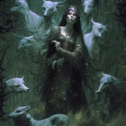 Mystical woman in flowing dress with white foxes in dark green forest