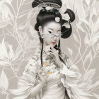 Portrait of Woman as Geisha with Floral Hairpieces and Sakura Kimono