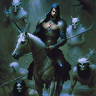 Mystical warrior woman in ornate armor with white bulls in dark forest