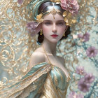 Ethereal figure adorned with golden jewelry and floral crown among pink flowers