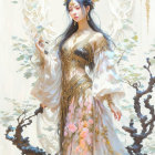 Traditional Asian Attire Woman Poses in Snowy Blossom Landscape