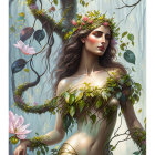 Regal woman in golden armor and crown in mystical forest with mist and vines