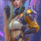 Futuristic armored woman with golden details and blue hair in neon-lit environment