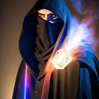 Cloaked figure with glowing geometric orb and neon light trails