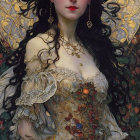 Ethereal woman in golden attire with floral tiara among roses and vines