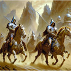 Armored knights on horseback in futuristic desert landscape