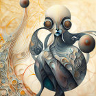 Surreal humanoid figure with swirling patterns and red eyes on creamy background