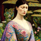 Colorful stylized painting of a woman with closed eyes and intricate patterns