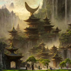 Mystical forest with ancient-style pagodas & waterfalls