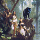 Woman in traditional attire with cheetahs in mystical forest scene