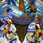 Vibrant illustration of women dancing in ethnic costumes amid tropical backdrop