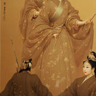 Traditional East Asian-style painting of royal couple with attendants in vibrant historical attire