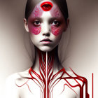 Digital Artwork: Humanoid Figure with Red and White Anatomy Patterns