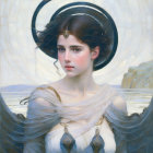 Ethereal portrait of woman in white and gold armor with raven on geometric background