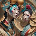 Illustrated Geishas in Elaborate Kimonos and Hairstyles