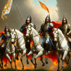 Four armored knights on white horses under dramatic sky with flags and spears.