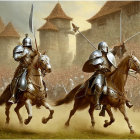 Armored knights on horseback with lances in fantastical landscape.