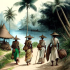 Tropical sunset scene with four individuals in traditional attire walking by palm trees and river