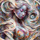 Elaborate White and Pink Hair Fantasy Figure on Patterned Backdrop