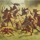 Four armored knights on horseback in green and red cloaks charge through misty golden battlefield