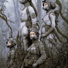 Three people in gas masks and bodysuits in misty forest among twisted vines