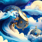 Celestial woman with golden crown among stars and clouds