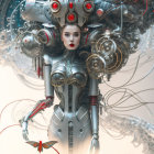 Elaborate surreal portrait: woman in metallic armor and headdress with butterflies