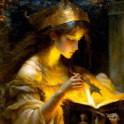 Ethereal woman in golden gown reading glowing book by candlelight