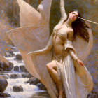 Graceful dancer with flowing veil by waterfall in embellished costume.