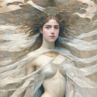 Surreal artwork featuring pale female figure with fractal-like wings.