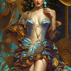 Woman in ornate gold and blue corset against floral background