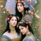 Digital Artwork: Three Female Figures with Blending Hair and Flora