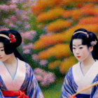 Two women in traditional Japanese attire with intricate hairstyles in vibrant autumn backdrop