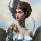 Mythological figure with angelic wings and eagle headpiece in sky-themed attire