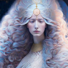 Fantasy illustration of a woman with curly white hair and golden armor