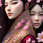 Illustrated women with elaborate hair ornaments in pink blossom setting.