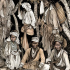 Detailed illustration of women and children in traditional attire weaving baskets in lush tropical setting