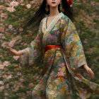 Regal woman in vintage dress among blossoming trees