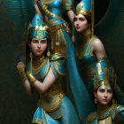 Three women in blue and gold armor with shield and spear on dark background